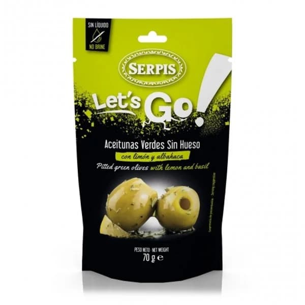 Aceitunas verdes manzanilla sin hueso con limón y albahaca Serpis sin lactosa doy pack 70 g. - 1 ud - Imagen del producto en Findit