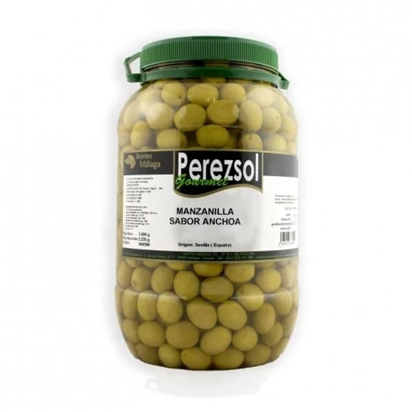 Aceitunas verdes manzanilla sabor anchoa Perezsol 2,5 kg. - 2.22 kg - Imagen del producto en Findit