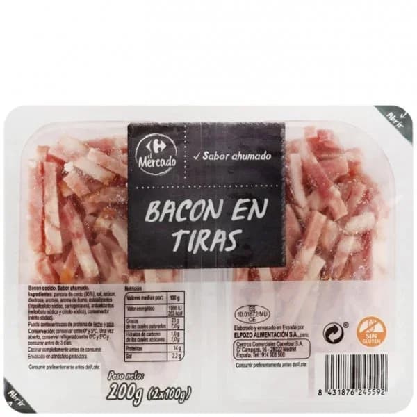 Bacón sabor ahumado en tiras Carrefour El Mercado sin gluten pack de 2 unidades de 100 g - 0.25 kg - Imagen del producto en Findit