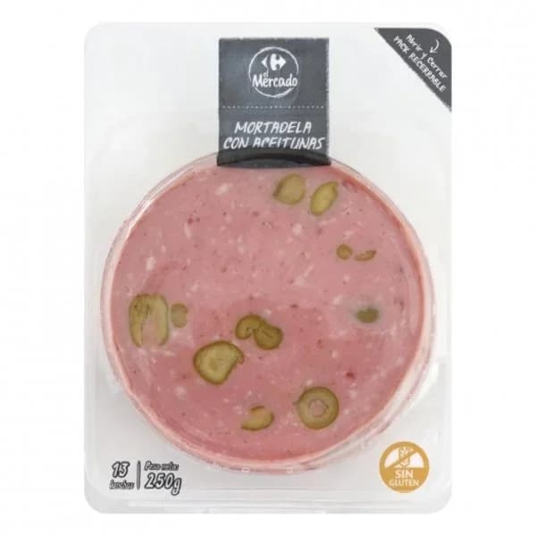 Mortadela con Aceitunas en lonchas Carrefour El Mercado sin gluten 250 g - 0.25 kg - Imagen del producto en Findit