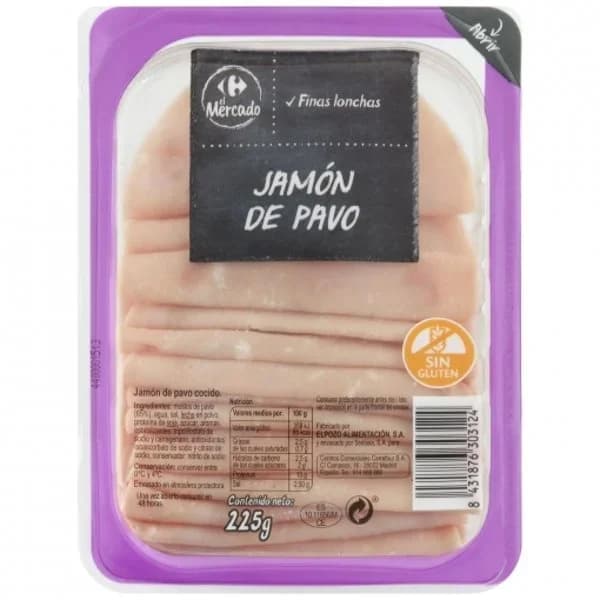 Jamón de pavo cocido en finas lonchas Carrefour El Mercado sin gluten 225 g - 0.23 kg - Imagen del producto en Findit