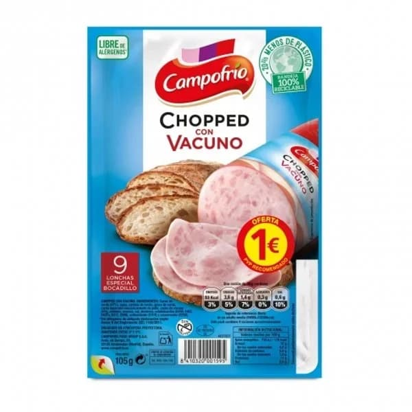 Chopped con vacuno en lonchas Campofrío sin gluten 95 g - 0.1 kg - Imagen del producto en Findit