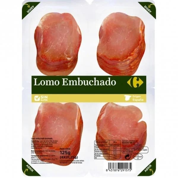 Lomo Embuchado en lonchas Carrefour sin gluten pack de 4 unidades de 31,25 g - 0.12 kg - Imagen del producto en Findit