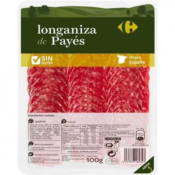 Longaniza de Payés en lonchas Carrefour sin gluten 100 g - 0.1 kg - Imagen del producto en Findit