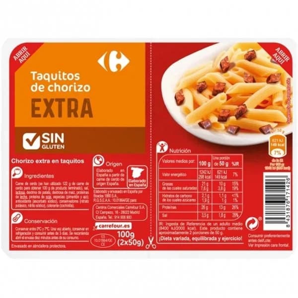 Chorizo Extra en taquitos Carrefour sin gluten 2x50 g - 0.1 kg - Imagen del producto en Findit
