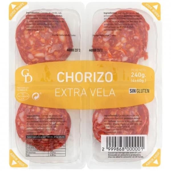 Chorizo extra en lonchas Carrefour El Mercado 4x60 g - 0.24 kg - Imagen del producto en Findit