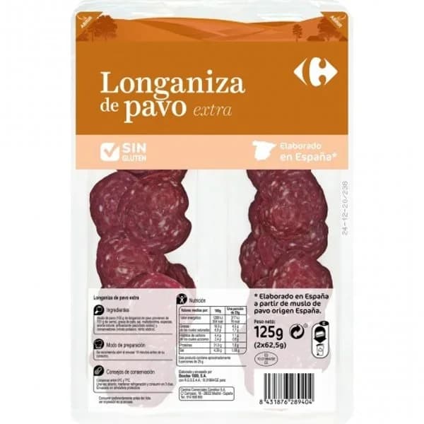 Longaniza de Pavo Extra Carrefour sin gluten pack de 2 unidades de 62,5 g - 0.12 kg - Imagen del producto en Findit