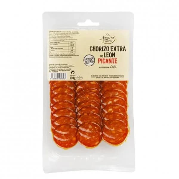 Chorizo de león picante loncheado De Nuestra Tierra 100 g. - 0.1 kg - Imagen del producto en Findit
