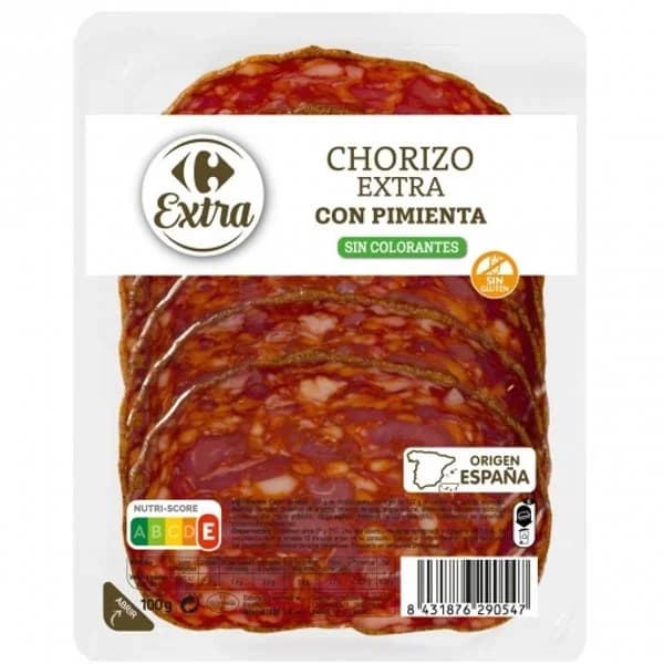 Chorizo Extra con Pimienta en lonchas Carrefour Extra sin gluten 100 g - 0.1 kg - Imagen del producto en Findit
