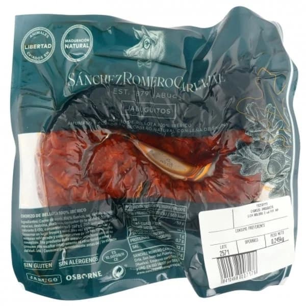 Chorizo jabuguitos 100% ibérico de bellota Sánchez Romero Carvajal sin gluten 245 g - 0.26 kg - Imagen del producto en Findit