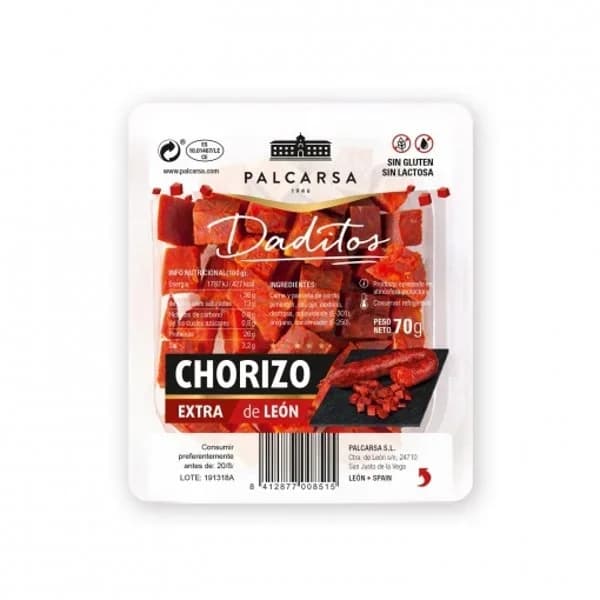 Chorizo de León en taquitos Palcarsa sin gluten y sin lactosa 70 g - 0.07 kg - Imagen del producto en Findit