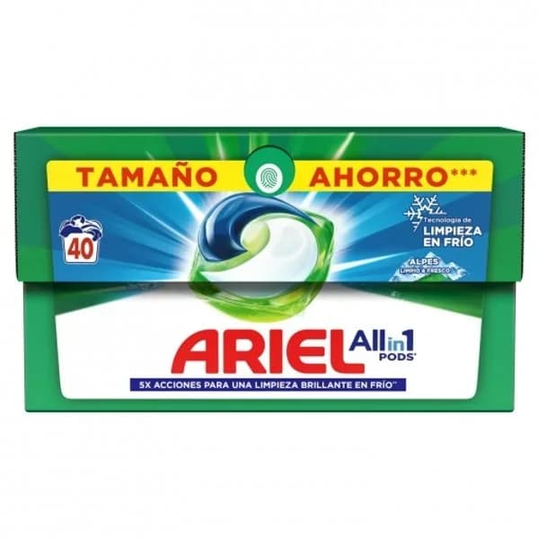 Detergente en cápsulas alpes Todo en Uno Pods Ariel 40 lavados. - 1 ud - Imagen del producto en Findit