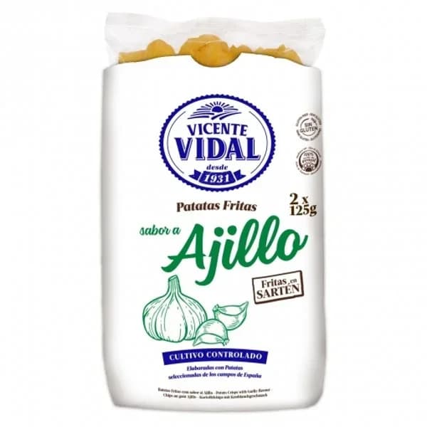 Patatas fritas sabor ajillo Vicente Vidal sin gluten pack de 2 unidades de 125 g. - 1 ud - Imagen del producto en Findit