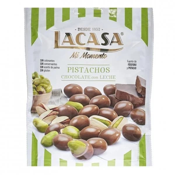 Pistachos cubiertos de chocolate con leche Lacasa sin gluten  doy pack 100 g. - 0.1 kg - Imagen del producto en Findit