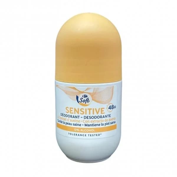 Desodorante roll-on sensitive avena 48h 0% alcohol Carrefour Soft 50 ml. - 0.05 l - Imagen del producto en Findit