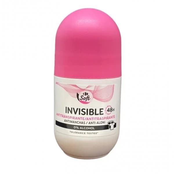 Desodorante roll-on invisible 48h anti-manchas 0% alcohol Carrefour Soft 50 ml. - 0.05 l - Imagen del producto en Findit