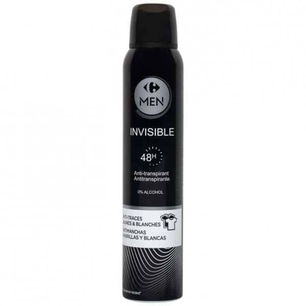 Desodorante en spray invisible protección 48h antitranspirante antimanchas 0% alcohol Carrefour Men 200 ml. - 0.2 l - Imagen del producto en Findit
