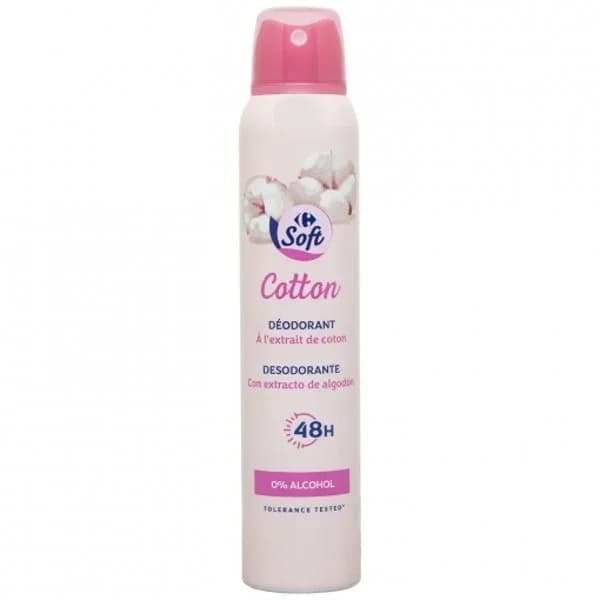 Desodorante en spray algodón protección 48h 0% alcohol Carrefour Soft 200 ml. - 0.2 l - Imagen del producto en Findit