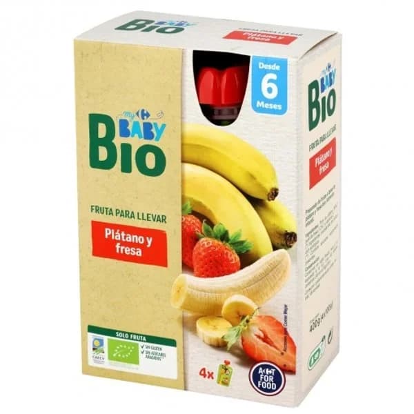 Preparado de fresa sin azúcar añadido desde 6 meses ecológico My Carrefour Baby Bio sin gluten pack de 4 bolsitas de 100 g. - 0.4 kg - Imagen del producto en Findit