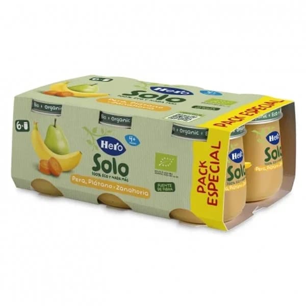 Tarrito de pera, plátano y zanahoria desde 4 meses ecológico Hero Solo sin gluten pack de 6 unidades de 120 g. - 0.72 kg - Imagen del producto en Findit