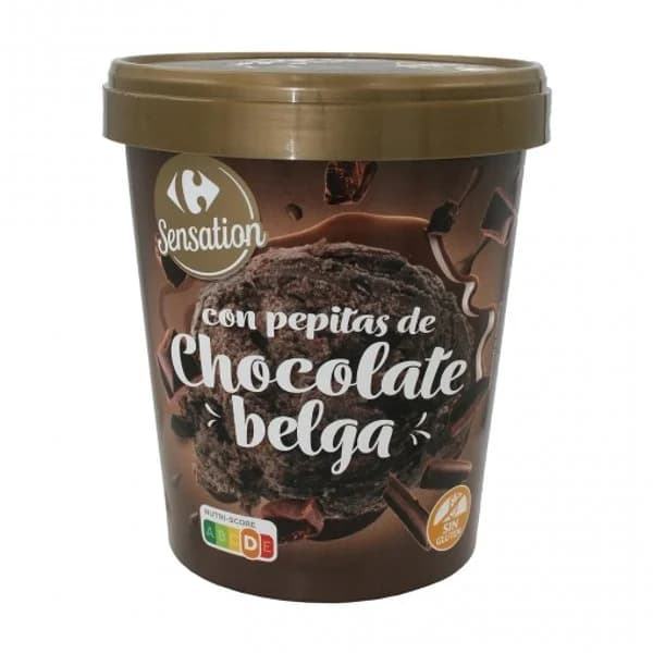 Helado de chocolate con pepitas chocolate belga Sensation Carrefour sin gluten 500 ml. - 0.3 kg - Imagen del producto en Findit
