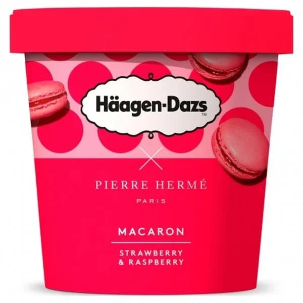 Helado crema de fresa y frambuesa con salsa de frambuesa y trocitos de macarons Häagen-Dazs 364 g. - 0.42 l - Imagen del producto en Findit
