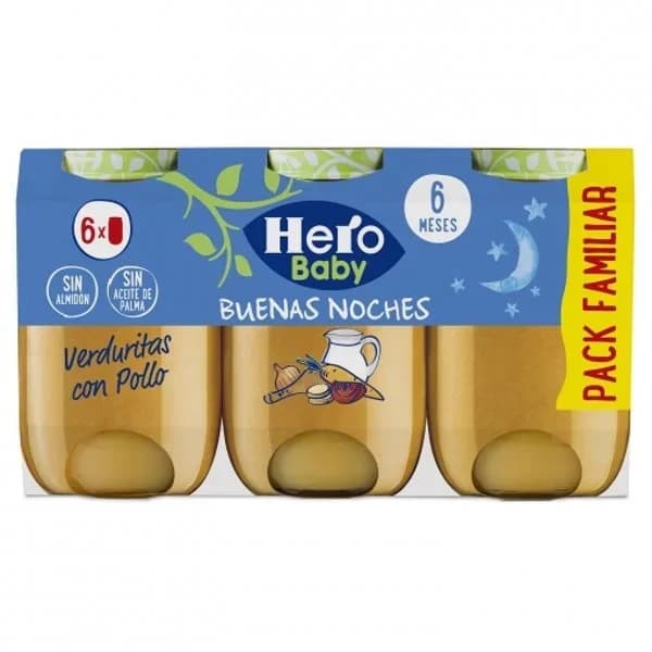 Tarrito de verduritas con pollo desde 6 meses Hero Baby Buenas Noches sin gluten pack de 6 unidades 190 g. - 1.2 kg - Imagen del producto en Findit