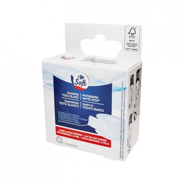 Esparadrapo textil blanco 5 m x 2,5 cm Carrefour Soft 1 ud. - 4.94 m - Imagen del producto en Findit