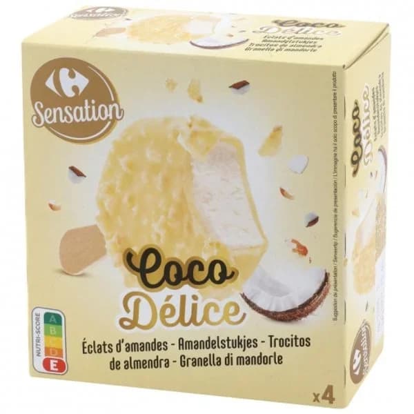 Mini bombón helado de coco con trocitos de almendras Sensation Carrefour 4 ud. - 3.99 ud - Imagen del producto en Findit