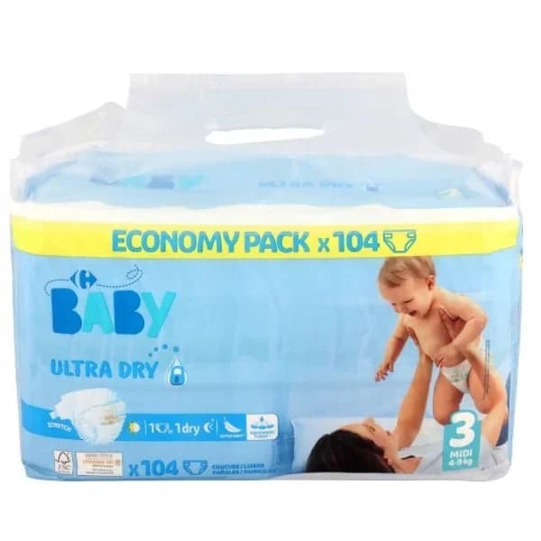 Pañales Carrefour Baby Ultra Dry Talla 3 (4-9 kg) 104 ud. - 103.75 ud - Imagen del producto en Findit