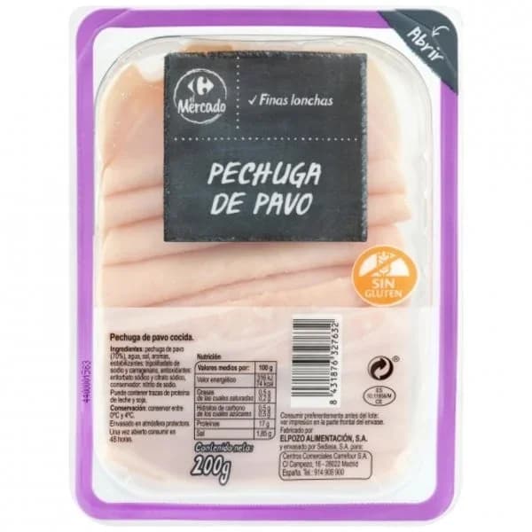 Pechuga de pavo en finas lonchas Carrefour El Mercado sin gluten 200 g - 0.2 kg - Imagen del producto en Findit