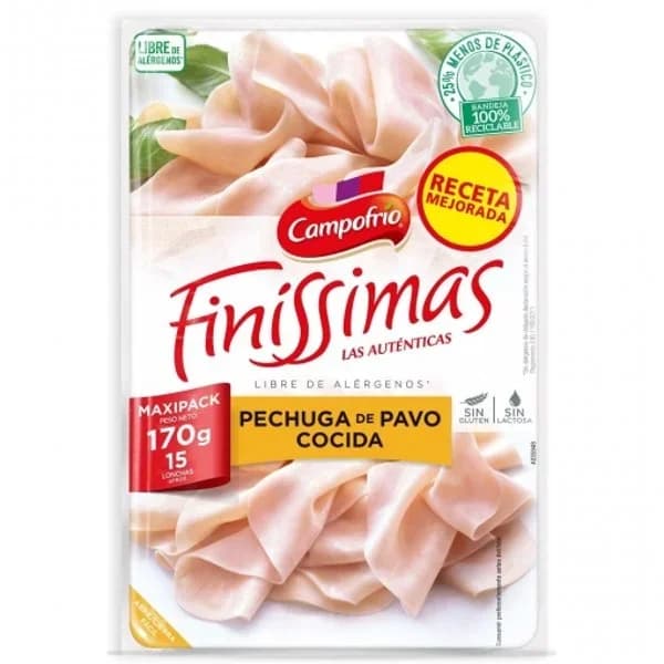 Pechuga de pavo cocida en lonchas finas Campofrío Finissimas sin gluten y sin lactosa 170 g - 0.17 kg - Imagen del producto en Findit