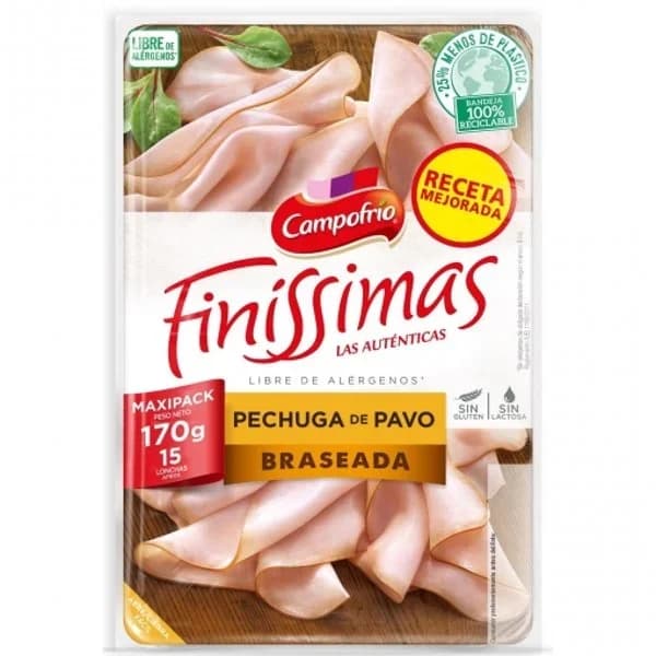 Pechuga de pavo braseado en lonchas Campofrío Finissimas sin gluten y sin lactosa 170 g - 0.17 kg - Imagen del producto en Findit