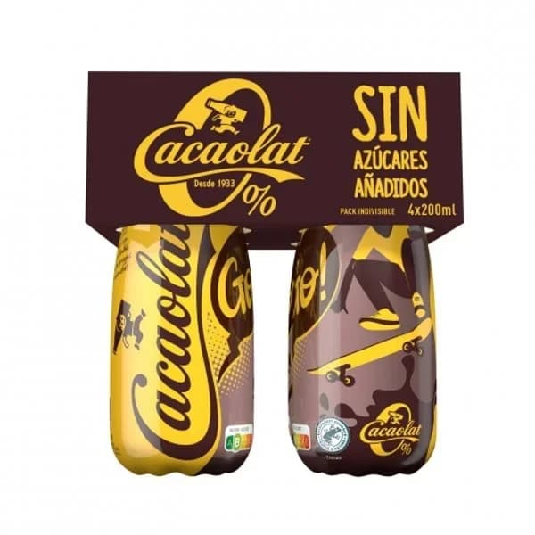 Batido de cacao sin azúcar añadido Cacaolat sin gluten pack de 4 botellas de 200 ml. - 0.8 kg - Imagen del producto en Findit