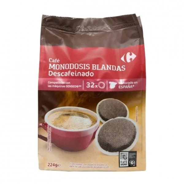 Café descafeinado monodosis Carrefour compatible con Senseo 32 unidades de 7 g. - 32.9 ud - Imagen del producto en Findit