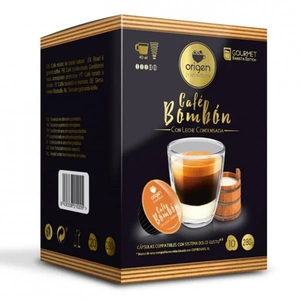 Café bombón con leche condensada en cápsulas Origen & Sensations compatible con Dolce Gusto 10 unidades de 28 g. - 9.98 ud - Imagen del producto en Findit