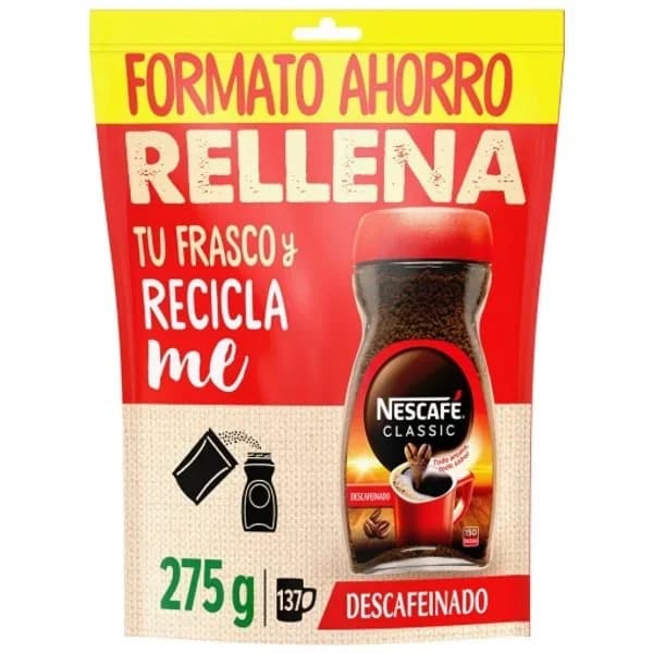Café solubre descafeinado Nescafé Classic Rellena doy pack 275 g. - 0.28 kg - Imagen del producto en Findit