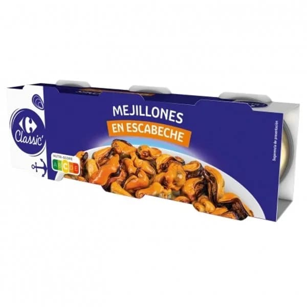 Mejillones en escabeche 16/20 Classic Carrefour sin gluten pack de 3 unidades de 43 g. - 0.13 kg - Imagen del producto en Findit