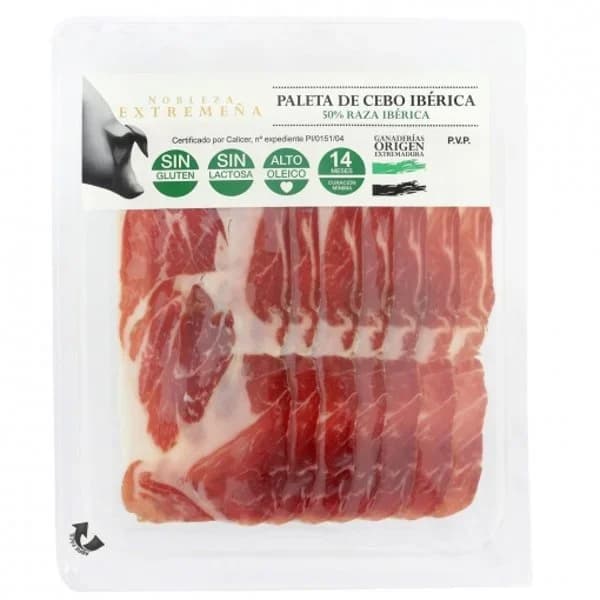 Paleta de Cebo Ibérica 50% Raza Ibérica en lonchas Nobleza Extremeña sin gluten y sin lactosa 100 g - 0.1 kg - Imagen del producto en Findit