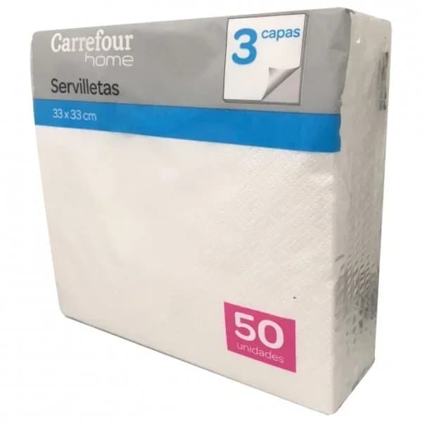 Servilletas de 3 Capas Desechables de Papel 50 uds 33x33 cm CARREFOUR HOME Blanca - 46.67 ud - Imagen del producto en Findit
