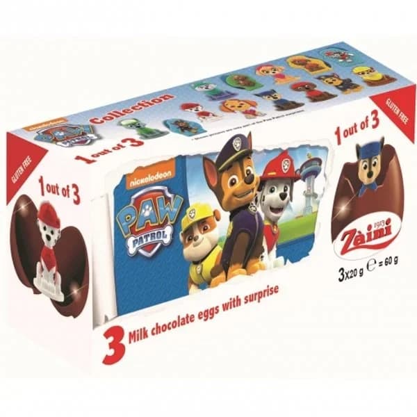Huevo de chocolate con sorpresa Patrulla Canina sin gluten pack de 3 unidades de 20 g. - 0.06 kg - Imagen del producto en Findit