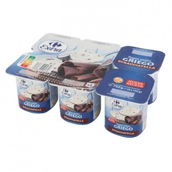 Yogur griego con stracciatella Carrefour Extra sin gluten pack de 6 unidades de 125 g. - 0.75 kg - Imagen del producto en Findit