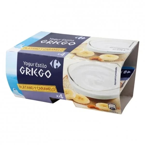 Yogur estilo griego sabor plátano y caramelo Carrefour sin gluten pack de 4 unidades de 125 g. - 0.5 kg - Imagen del producto en Findit