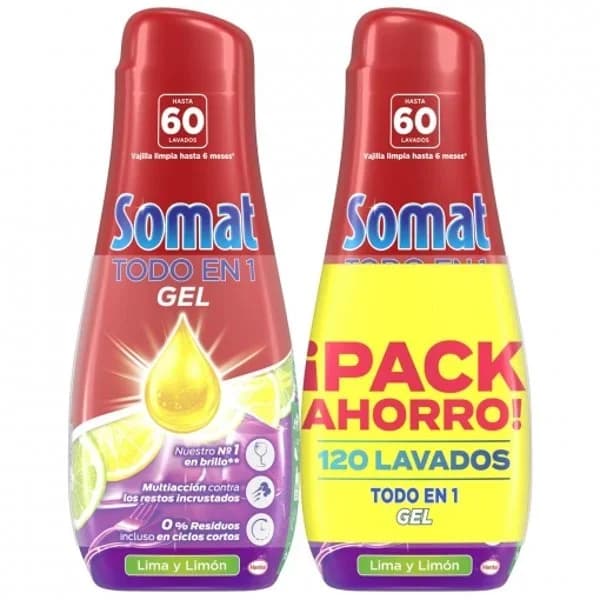 Gel para lavavajillas Todo en 1 Gel lima y limón Somat pack de 2 unidades de 60 lavados. - 121.76 ud - Imagen del producto en Findit