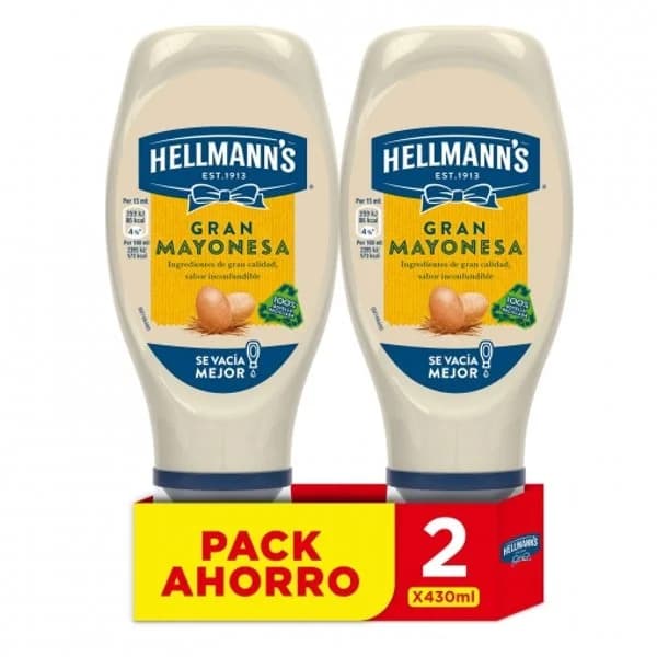 Mayonesa Hellmann's sin gluten y sin lactosa pack de 2 unidades de 430 g. - 0.86 l - Imagen del producto en Findit