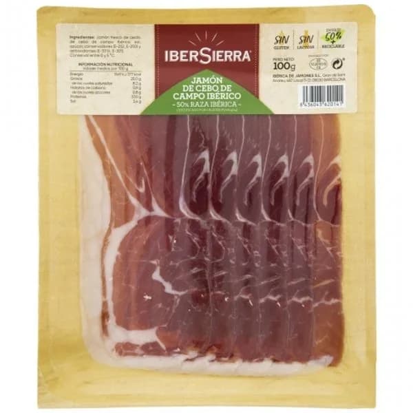 Jamón de Cebo de Campo Ibérico 50% Raza Ibérica en lonchas Ibersierra sin gluten y sin lactosa 100 g - 0.1 kg - Imagen del producto en Findit