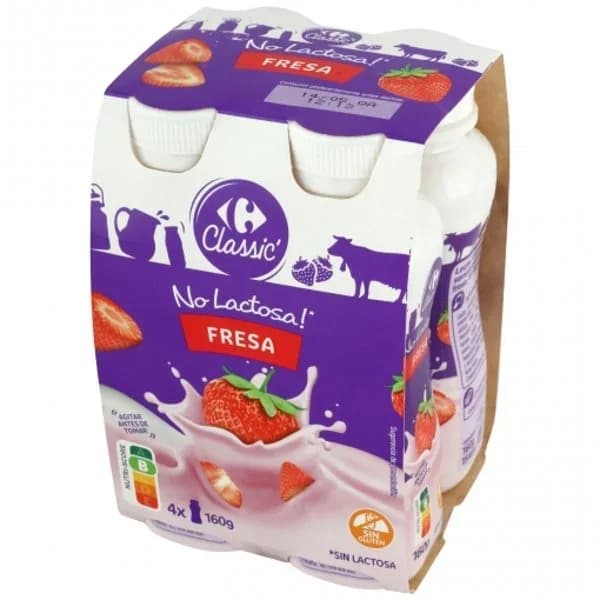 Leche fermentada de fresa Carrefour Classic' sin gluten sin lactosa pack d 4 unidades de 160 g. - 0.64 kg - Imagen del producto en Findit