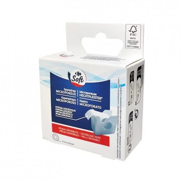Esparadrapo microporoso pieles sensibles 5 m x 2,5 cm Carrefour Soft 1 ud. - 4.94 m - Imagen del producto en Findit