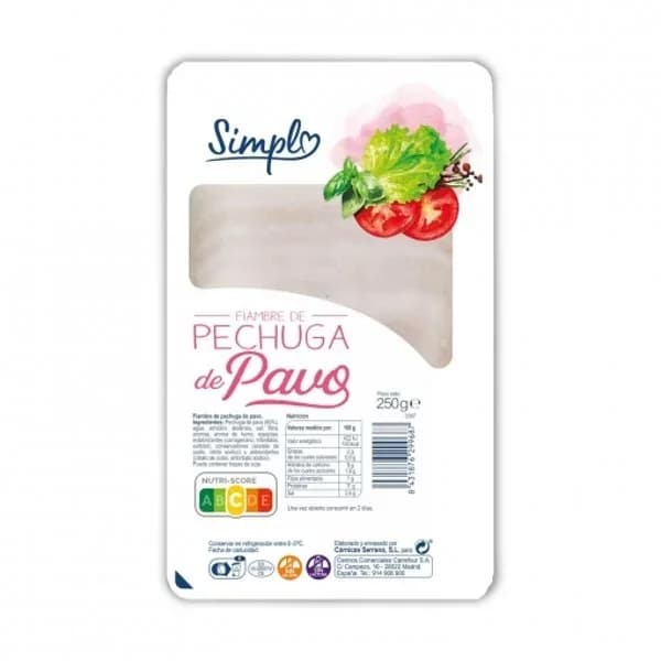 Pechuga de pavo en lonchas Simply sin gluten sin lactosa 250 g. - 0.25 kg - Imagen del producto en Findit