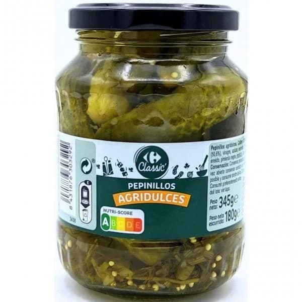 Pepinillos agridulces Classic Carrefour 180 g. - 0.18 kg - Imagen del producto en Findit